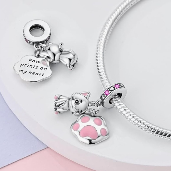 Sterling silver kitten and paw charm in pink for your Pandora  bracelet - Picture 2 of 2